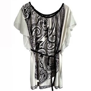 QED London Boho Tunic Top Dress White Black Paisley Flutter‎ Ruffle Sleeves - L